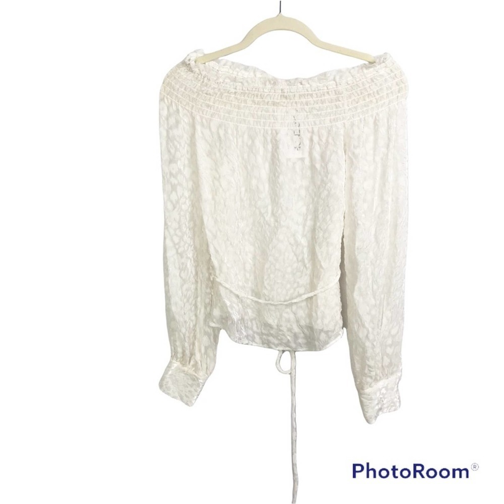 L’AGENCE white sheer and velvet cheetah print long sleeve off shoulder blouse